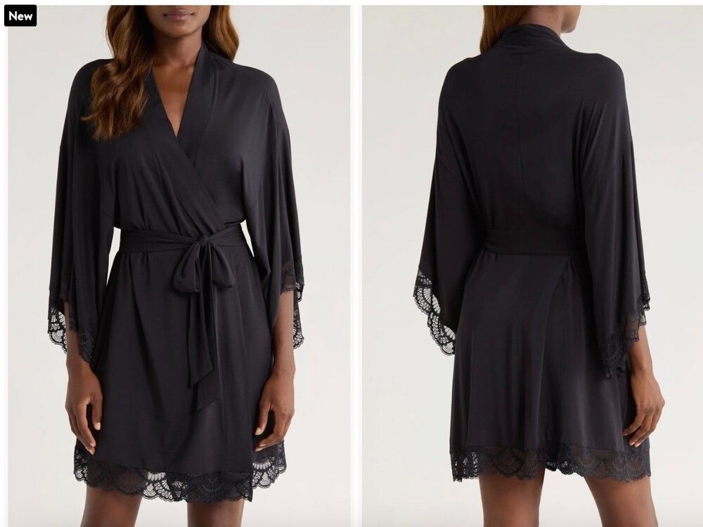 New $168 Eberjey Mariana Lace Trim Jersey Robe in Black Size Medium